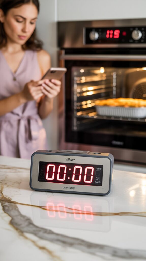 A digital timer blinking overdue, with an undercooked meal still in the oven. Nearby, a confused cook looking at a recipe on a phone.