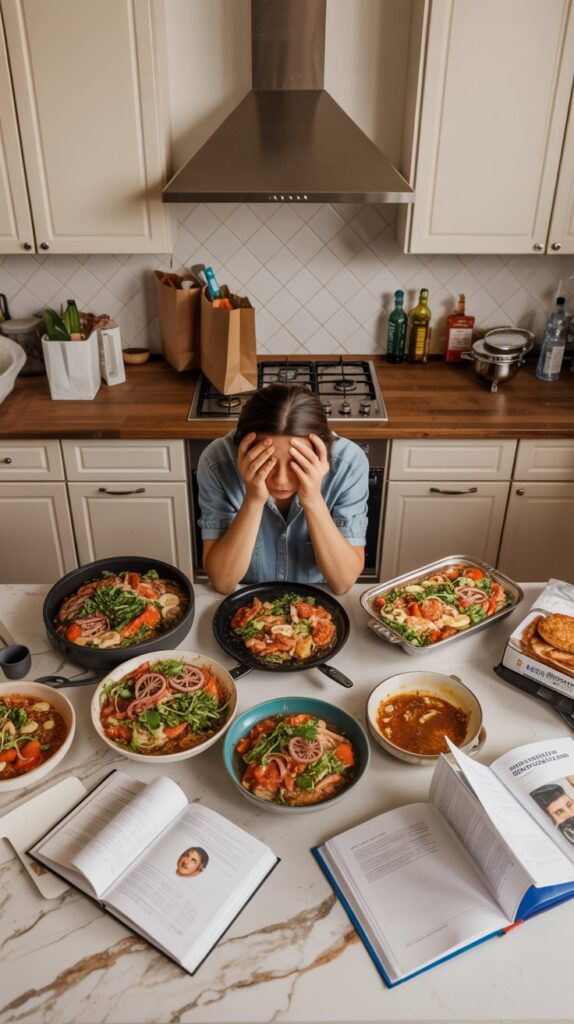 A cluttered kitchen with multiple unfinished dinner dishes spread out — open cookbooks, a full stovetop, grocery bags still unpacked. Overwhelmed cook holding their head in their hands.