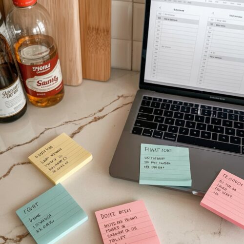 Sticky notes with dinner ideas scattered everywhere, an open laptop with a half-filled digital meal planner, and grocery items with no list in sight. Visual clutter and disorganization