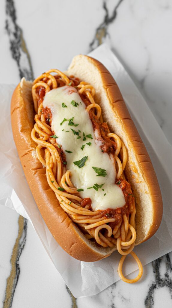 a spaghetti sandwich served in a soft, toasted hot dog bun, filled with cheesy marinara spaghetti and lightly melted mozzarella,