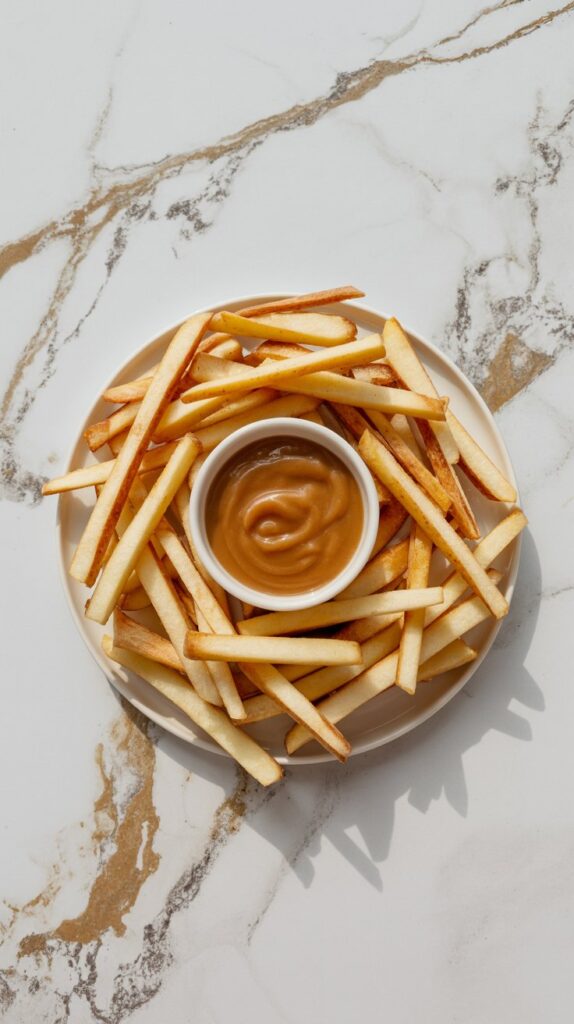 Overhead view of apple pie fries on a plate with caramel dipping sauce in the center.