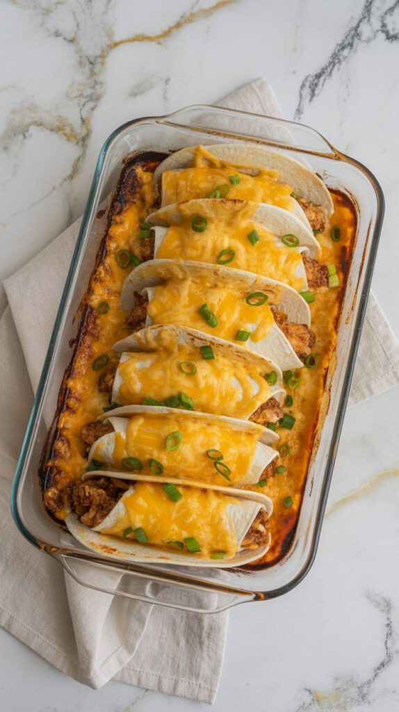 A baking dish filled with upright baked chicken tacos, melted cheese on top, and green onions sprinkled over them