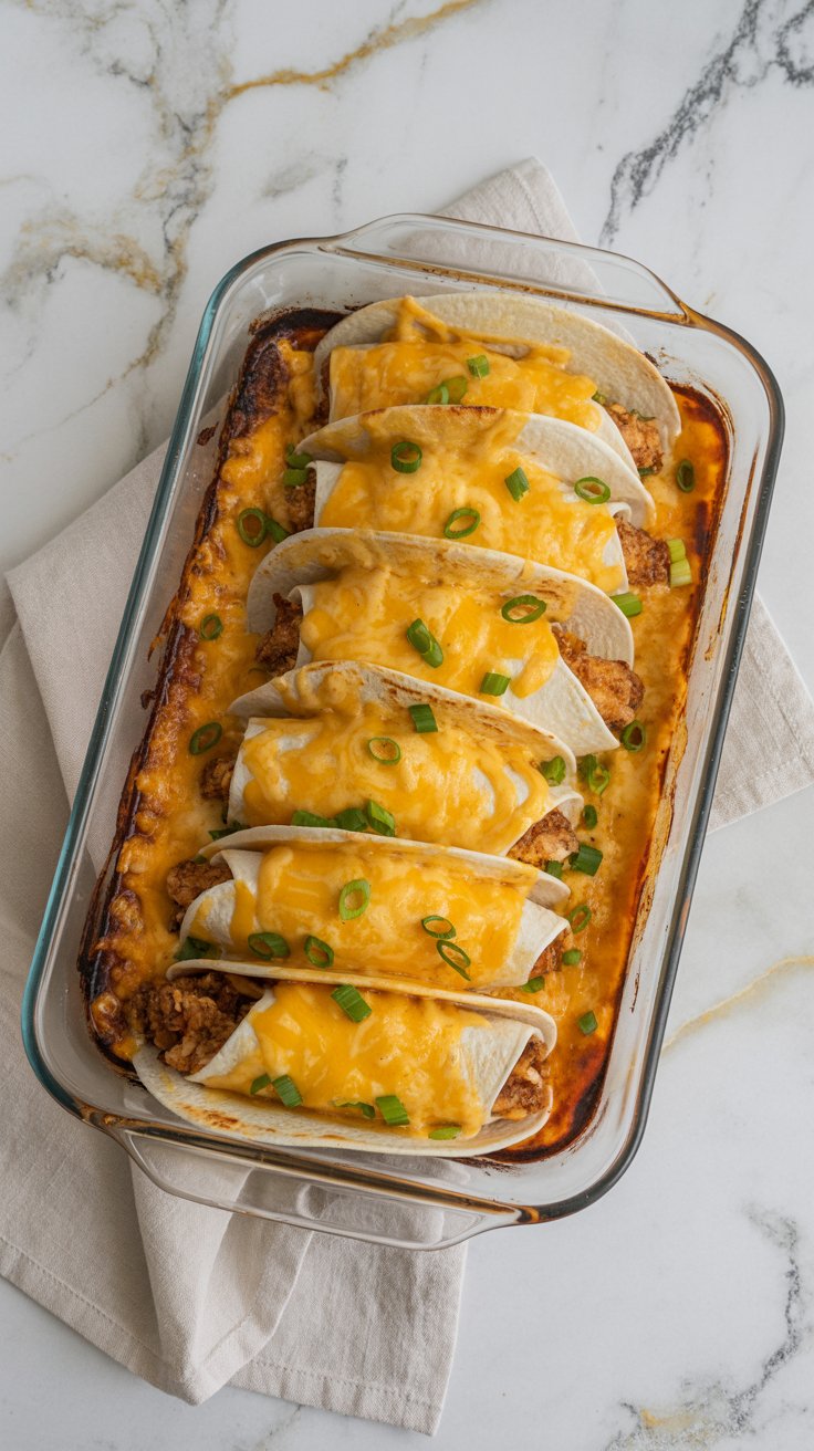 A baking dish filled with upright baked chicken tacos, melted cheese on top, and green onions sprinkled over them