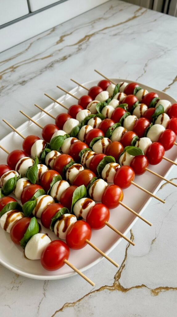 A white platter filled with Caprese skewers made of cherry tomatoes, basil leaves, and mozzarella balls, arranged in neat rows. Drizzled with balsamic glaze.