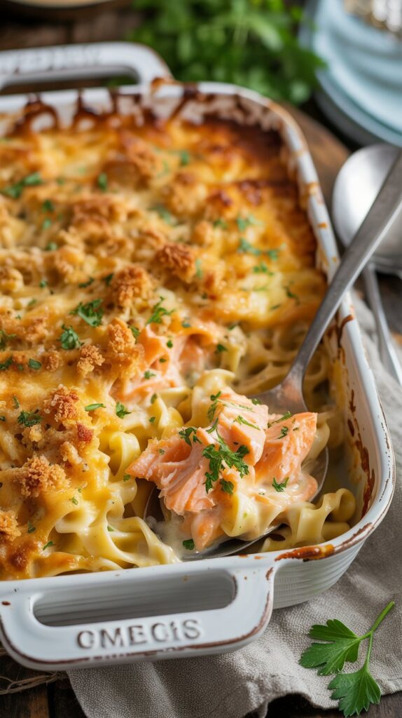 A white casserole dish filled with cheesy noodles and canned flaked salmon