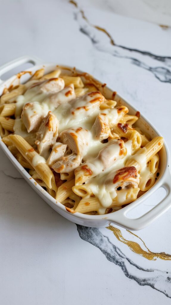 Penne pasta with chopped chicken and Alfredo sauce, topped with melted cheese. Shown in a white baking dish on a white quartz counter. No portion removed.