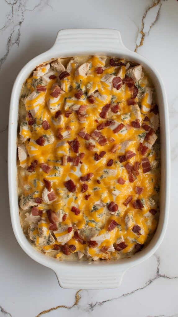 Creamy casserole with chopped chicken, crumbled bacon, and cheddar cheese, baked in a white ceramic dish on a gray-veined white countertop. Shown unsliced and untouched.