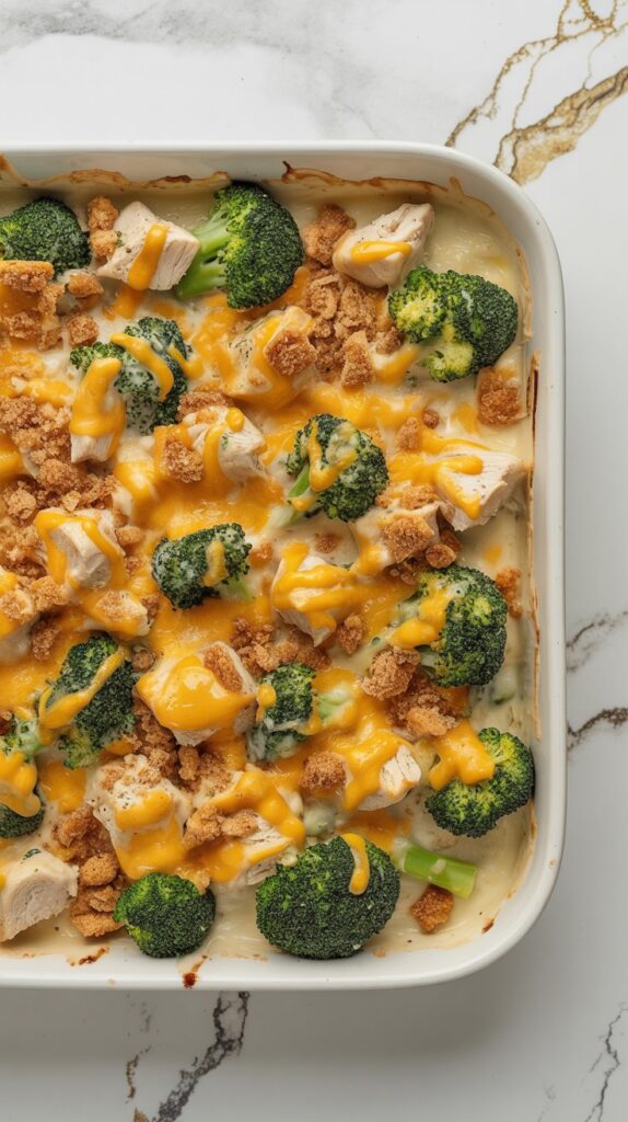 Chopped chicken and broccoli baked in a creamy cheese sauce with a crisp, golden topping. Served in a white baking dish on a bright quartz countertop, unsliced and intact.