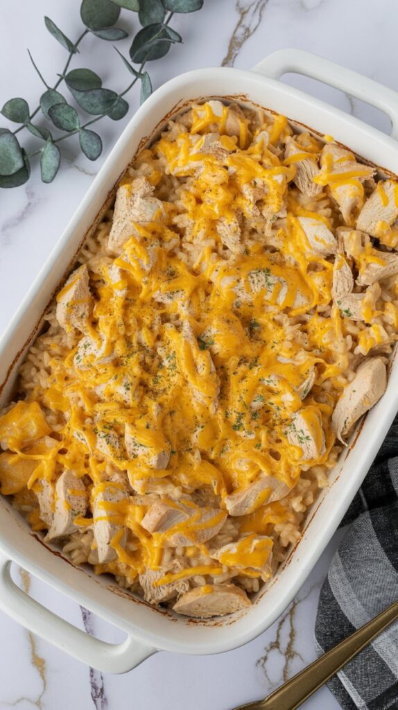 Creamy baked casserole with chopped chicken, melted cheddar cheese, and golden cracker topping in a white dish on a white countertop with gray and gold veining. Casserole is uncut and untouched.