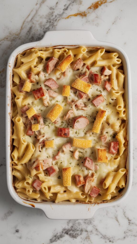 chicken casserole in a white casserole dish with pasta, melted cheese, chicken and ham peeking out