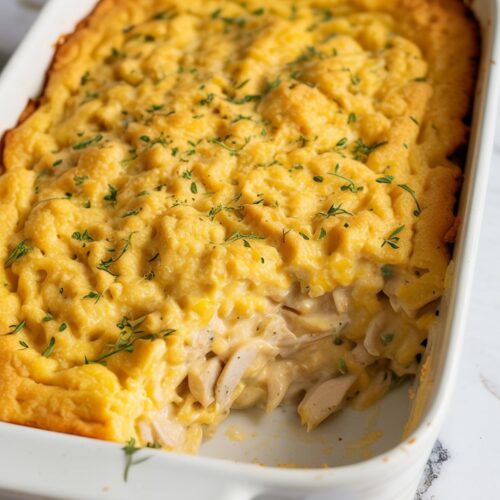 Golden cornbread topping over creamy chopped chicken and vegetables. Shown in a white baking dish on a white countertop with gray and gold veining. The casserole is untouched.