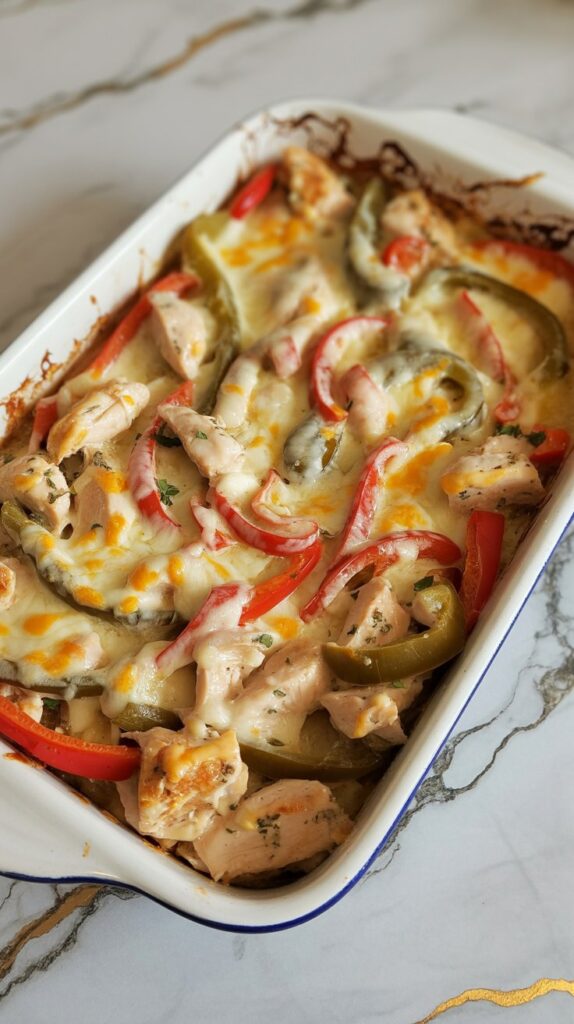 Chopped chicken, sliced peppers, and cheese baked in a creamy base, displayed in a white baking dish on a modern quartz counter. No portions removed.