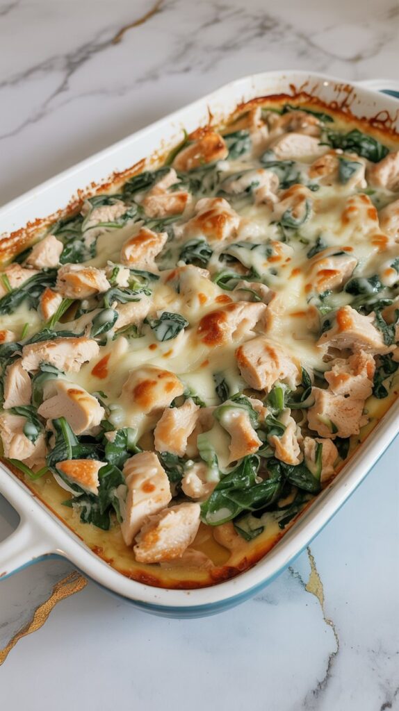 Chopped chicken and spinach in a creamy base with melted cheese, shown in a white casserole dish on a gray-veined white countertop. Uncut and neatly presented.