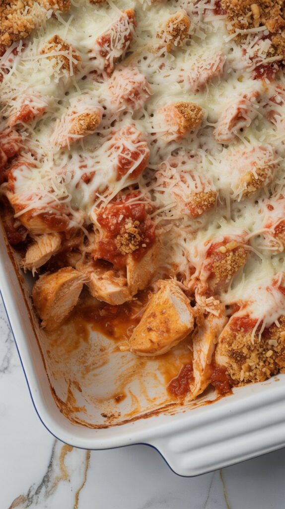 Chopped chicken baked with marinara, mozzarella, and breadcrumbs. Shown in a white baking dish on a clean white countertop, uncut and unscooped.