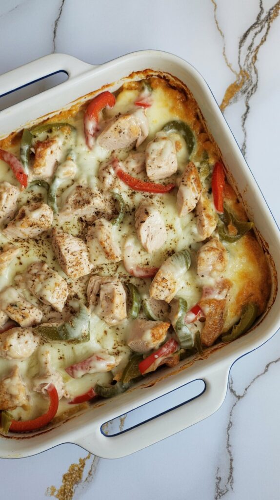 Casserole with chopped chicken, bell peppers, onions, and provolone cheese, shown in a white baking dish on a clean quartz counter. Dish is unsliced and intact.
