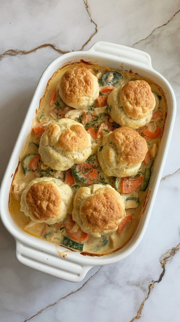 Biscuit-topped creamy chicken and veggie casserole shown uncut in a white baking dish on a white countertop with gray and gold veining.