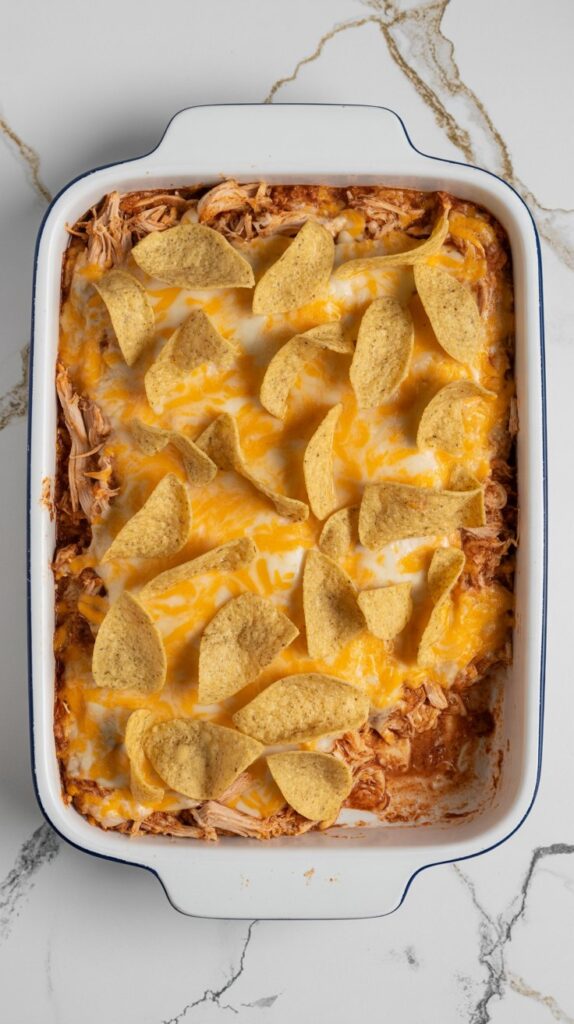 Shredded chicken taco casserole topped with melted cheese and crushed tortilla chips, shown in a white rectangular dish on a white countertop. Casserole is not scooped or cut.