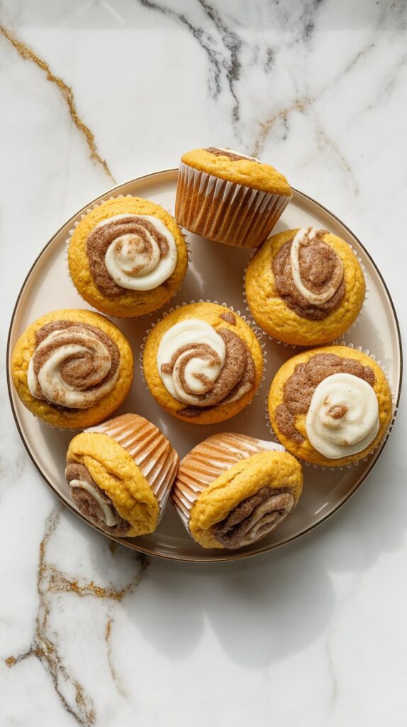 Pumpkin muffins with cinnamon swirls and cream cheese filling arranged on a white plate.