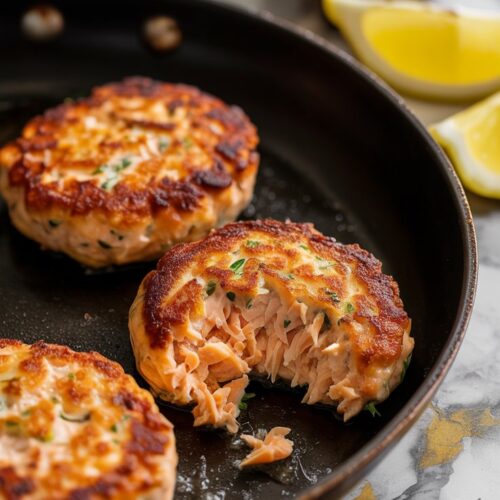 A skillet with 3 crispy canned salmon patties, one with a scoop missing, lemons in the background