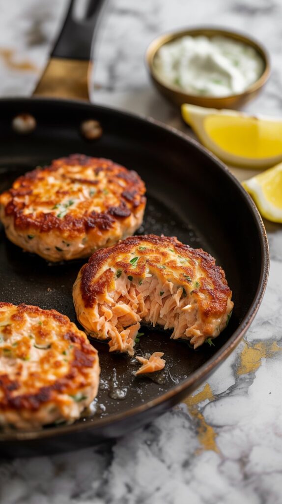A skillet with 3 crispy canned salmon patties, one with a scoop missing, lemons in the background