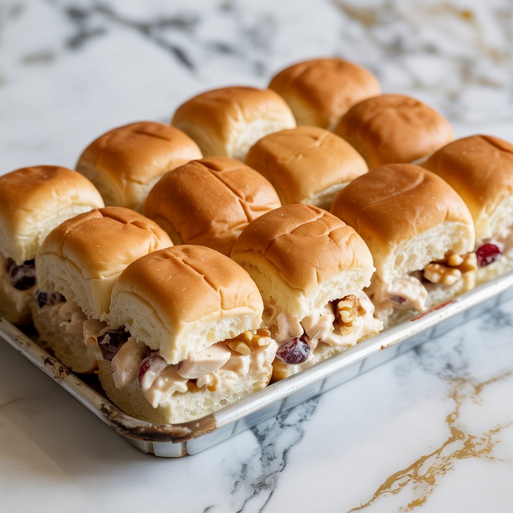 Tray of cranberry chicken salad sliders made with dried cranberries, walnuts, and mayo on a white marble surface.