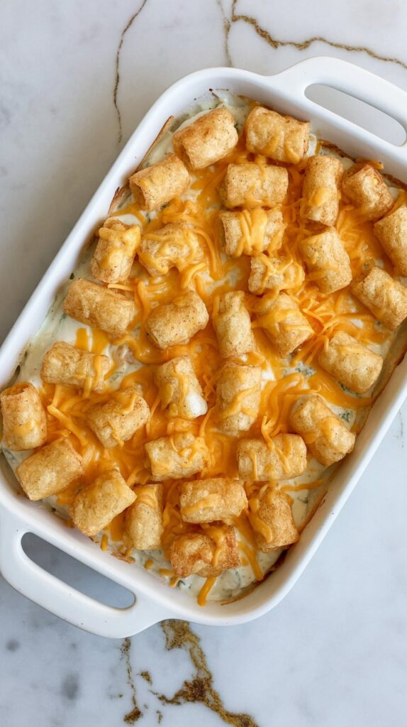 Chopped chicken in creamy ranch sauce, topped with cheddar cheese and crispy tater tots. Presented in a white dish on a white quartz countertop. Casserole is intact and not served.