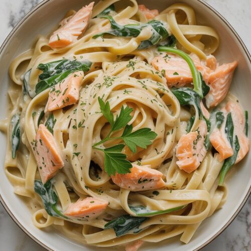 A top view of a white bowl swirled with creamy fettucine pasta and flakes of canned salmon along with cooked salmon.