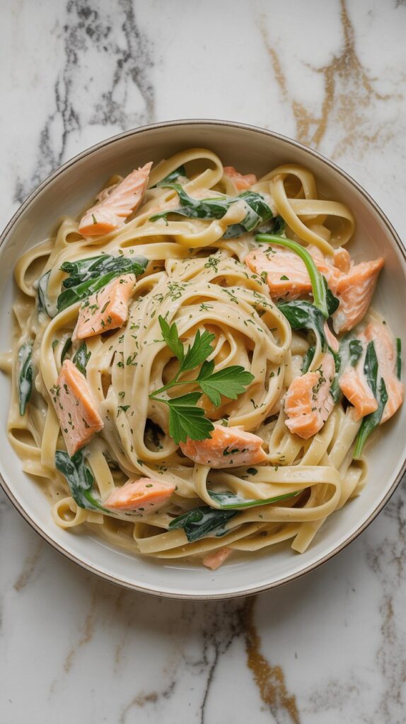 A top view of a white bowl swirled with creamy fettucine pasta and flakes of canned salmon along with cooked salmon.