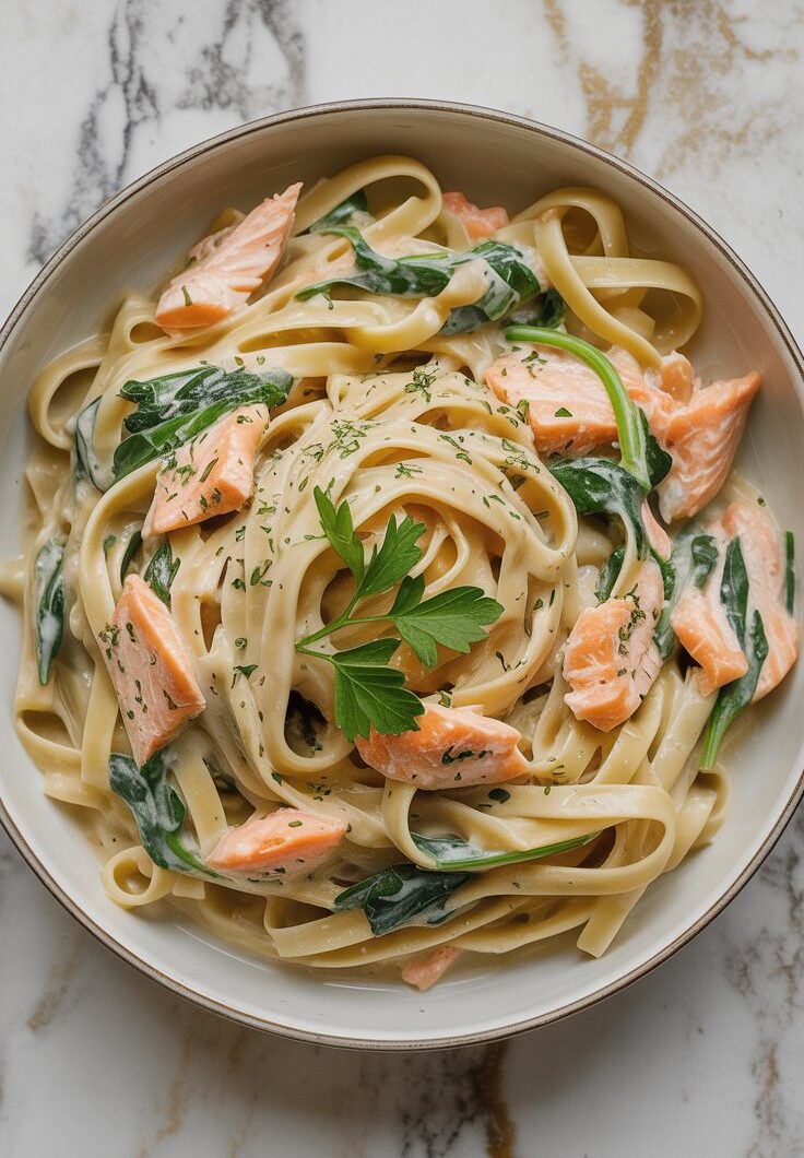 Creamy Salmon Pasta with Spinach & Garlic