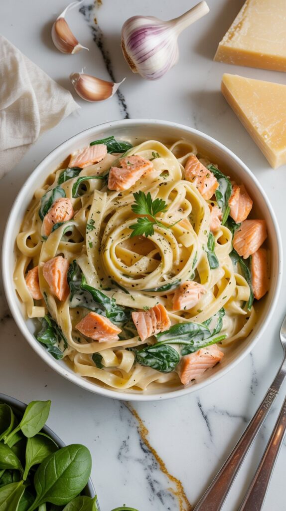 A top view of a white bowl filled with cream fettucine and flakes of canned salmon along with cooked salmon. Garlic and parmesan cheese in the side.