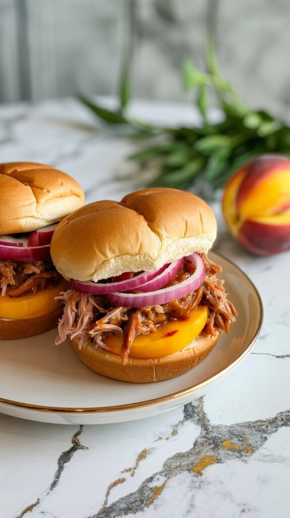 BBQ peach pulled pork sandwiches with sliced red onion on a summer plate