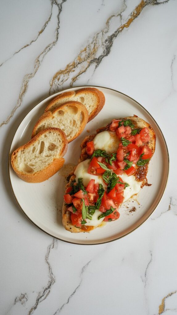 Bruschetta chicken topped with melted mozzarella and tomato basil mixture served with baguette slices