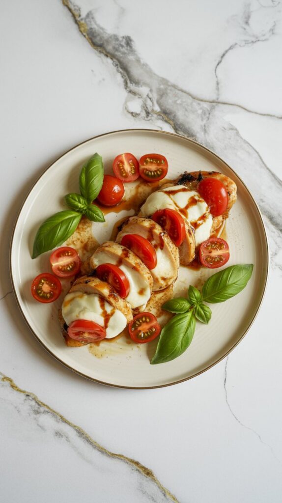 Caprese chicken topped with cherry tomatoes, melted mozzarella, and balsamic glaze with fresh basil