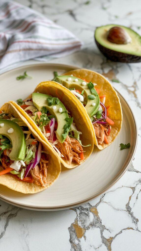 Chipotle honey chicken tacos in corn tortillas with slaw and avocado slices
