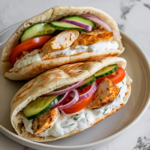 Greek chicken pitas with tzatziki, tomato, cucumber, and red onion on a white plate