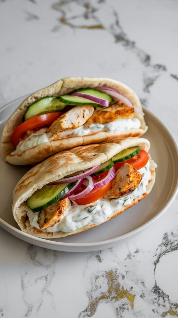 Greek chicken pitas with tzatziki, tomato, cucumber, and red onion on a white plate