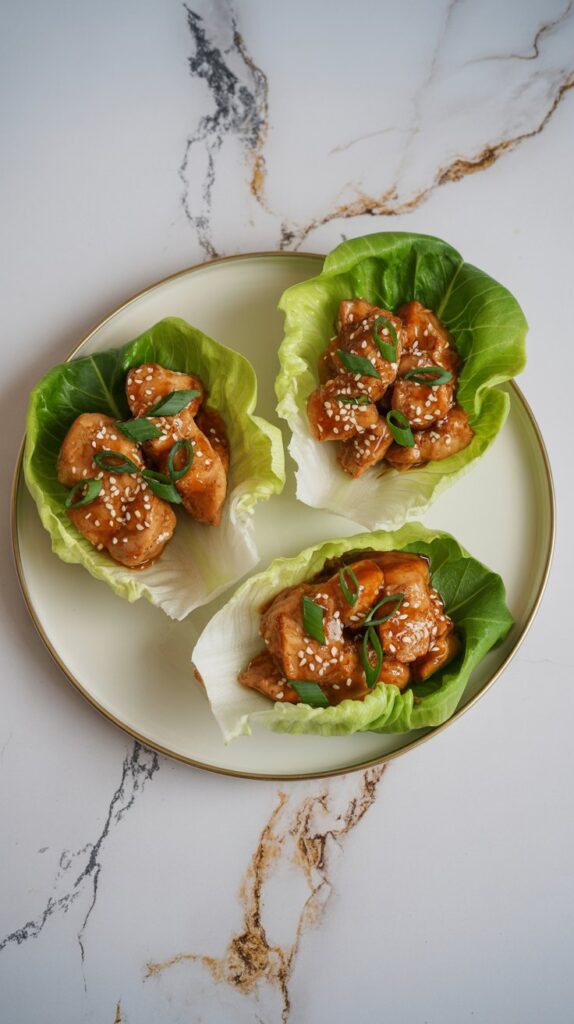 Honey garlic chicken in lettuce cups topped with sesame seeds and green onions
