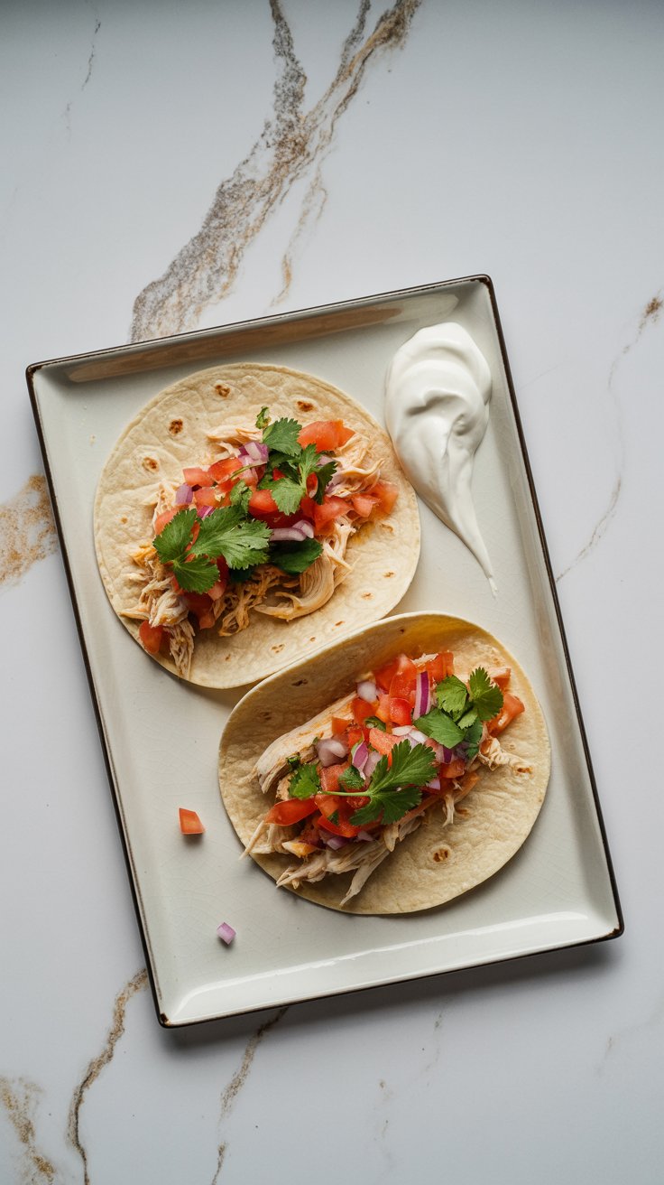Shredded chicken tacos topped with tomatoes, red onion, and cilantro on a rectangular ceramic platter with sour cream on the side