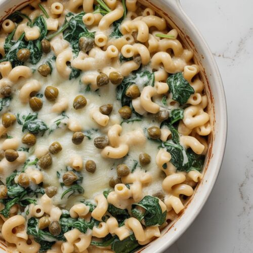 A white baking dish filled with tuna noodle casserole that includes spinach, capers, elbow macaroni, and melted cheese, photographed overhead.