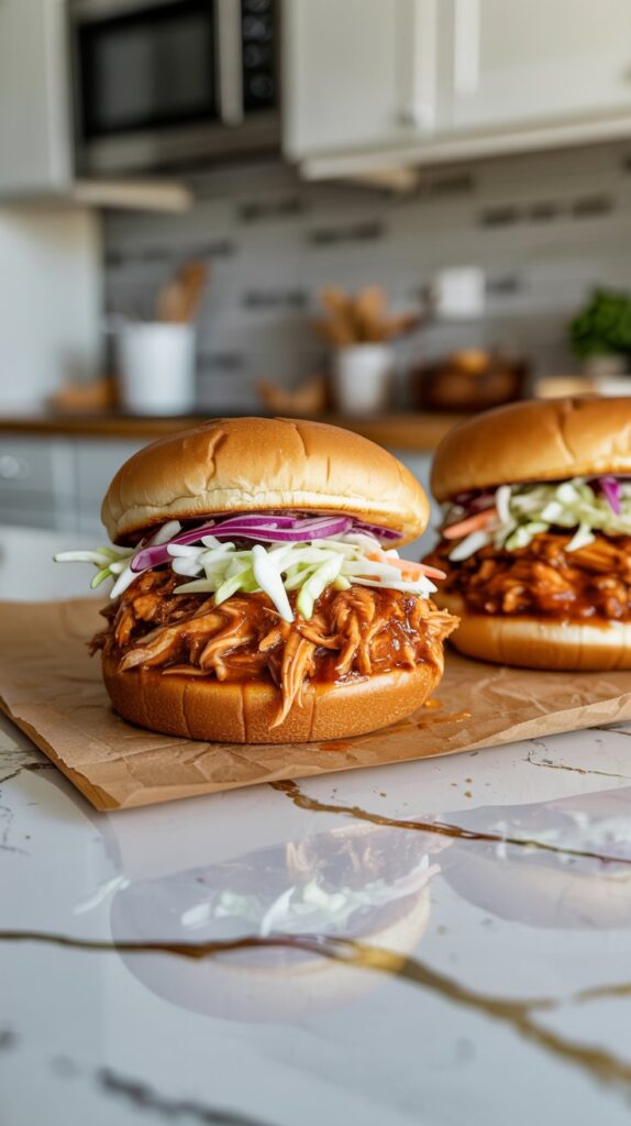 Pulled Hawaiian BBQ chicken sandwiches with coleslaw on toasted buns