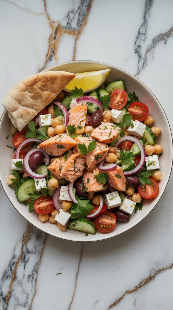 a top view of white bowled filled with flaked canned salmon, tomatoes sliced, cucumbers, red onion, cheese and a pita on the side