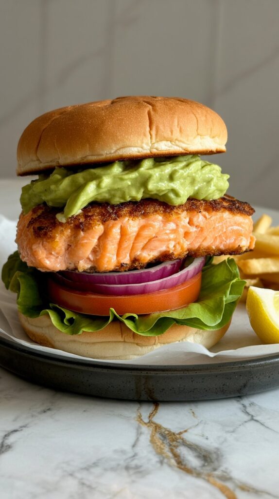 a salmon patty burder topped with guacamole and with red onion tomato and lettuce on a bun