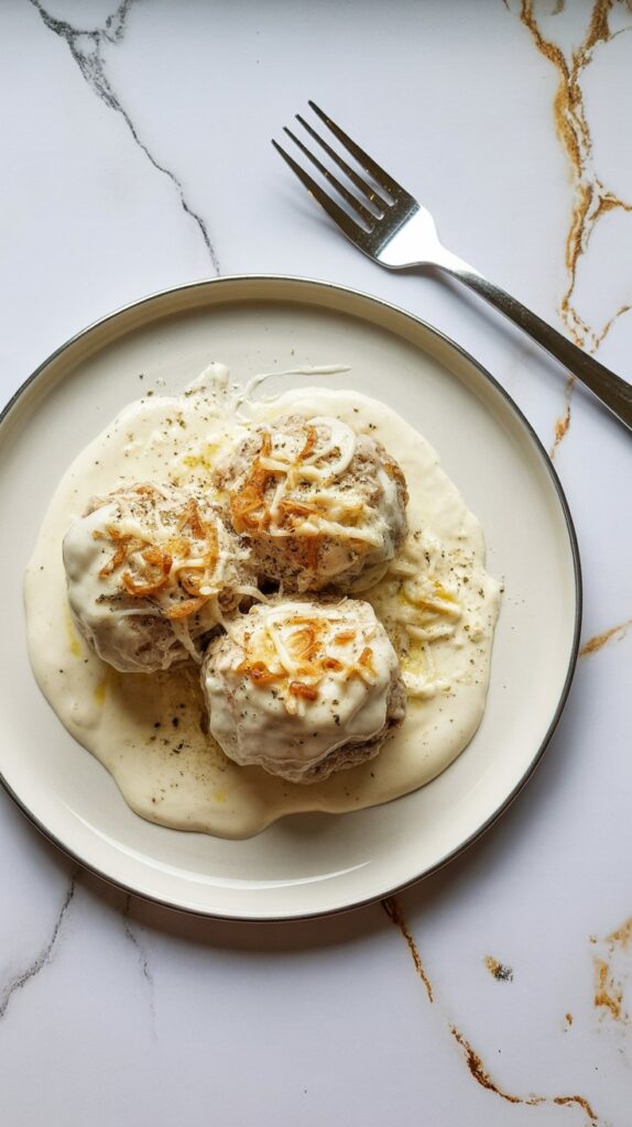 A white plate with juicy keto meatballs smothered in a creamy garlic sauce, garnished with fresh parsley.