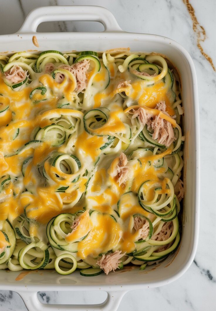 Keto Tuna Noodle Casserole with Zoodles and Cheese Sauce