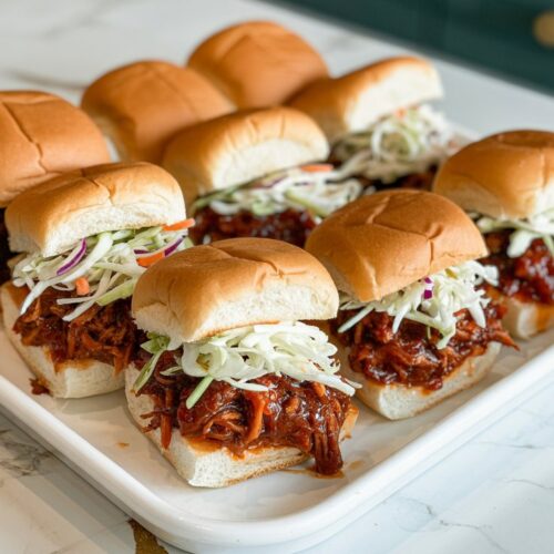 several sliders on a plate filled with shredded pork in bbq sauce and topped with cole slaw