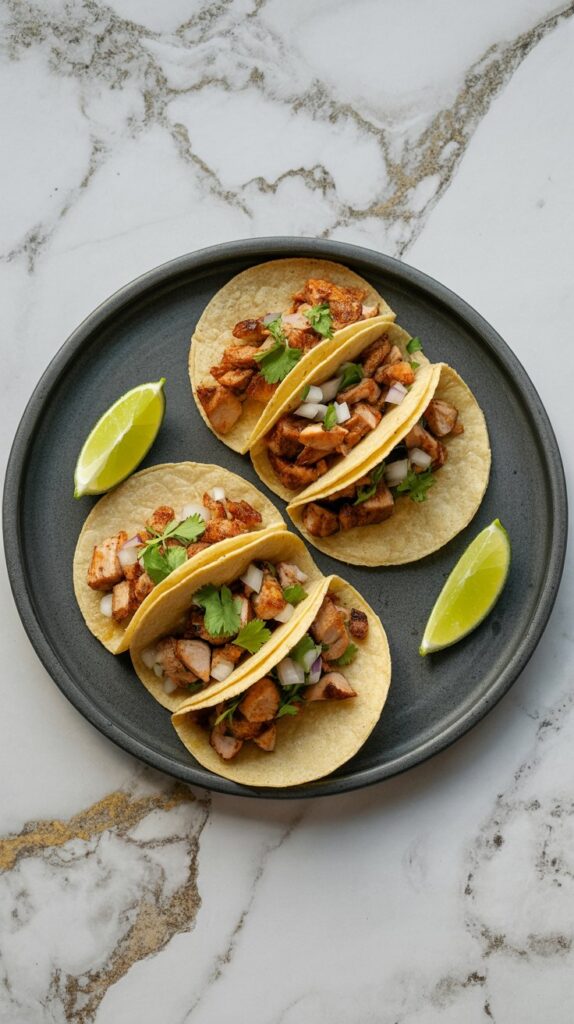 Four small grilled chicken street tacos in corn tortillas with onion and cilantro, served with lime wedges on a dark stone plate
