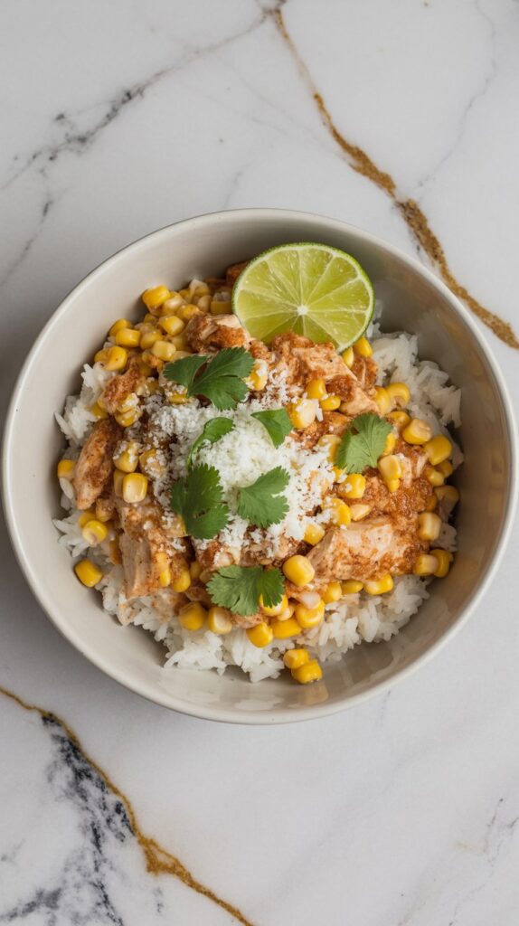 Mexican street corn chicken bowl with cotija cheese, lime, and cilantro over rice