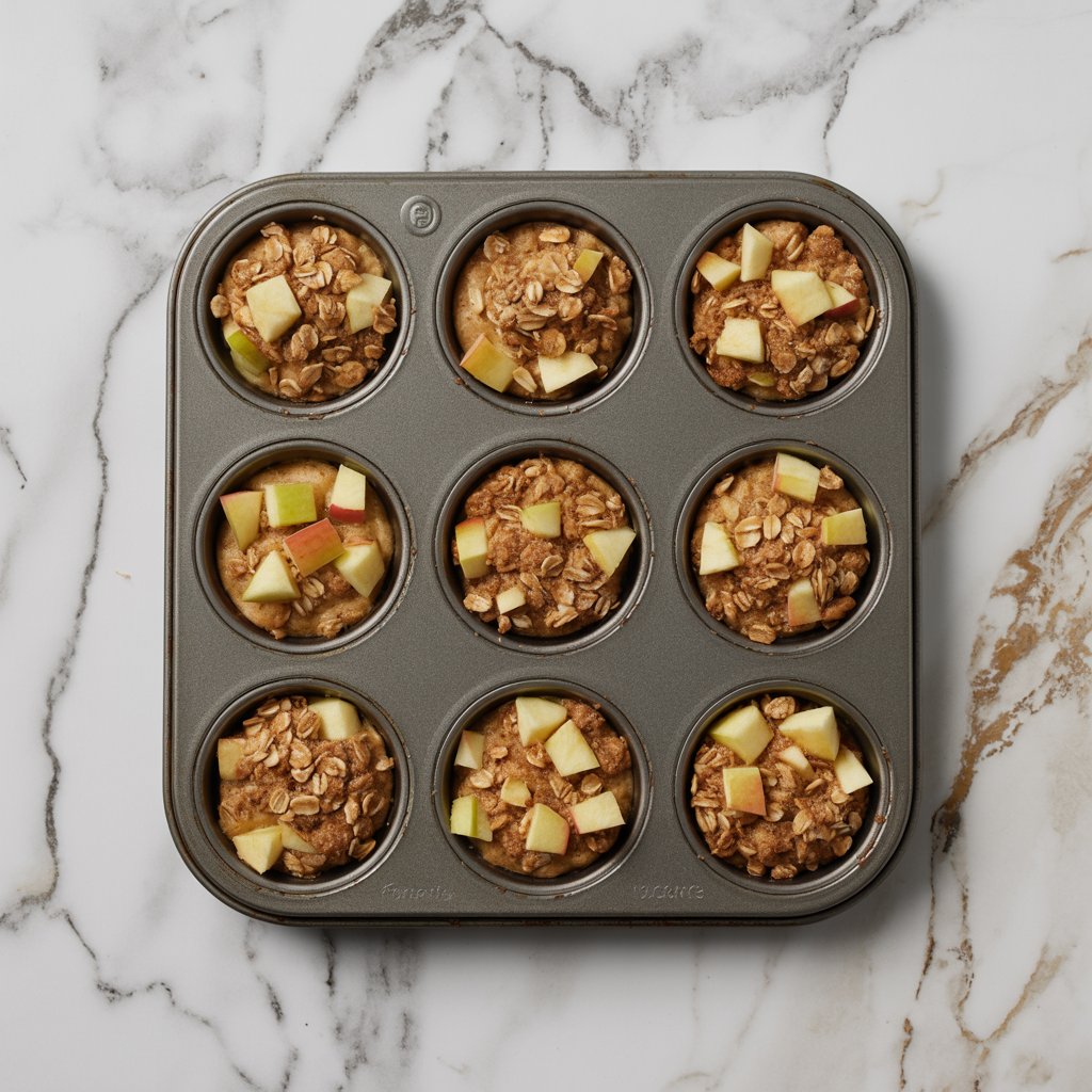 Mini apple crisp cups baked in a muffin tin with golden topping on a white marble counter.