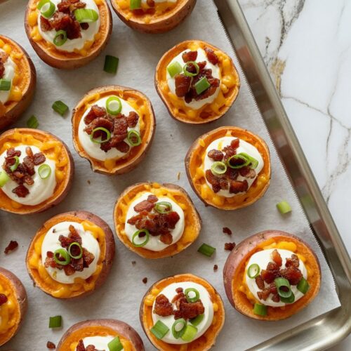 a baking sheet lined with parchment and containing sliced rounds of sweet potato and topped with sour cream, bacon crumbles and green onion