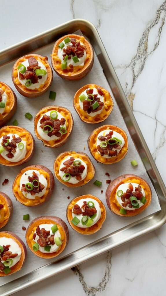 a baking sheet lined with parchment and containing sliced rounds of sweet potato and topped with sour cream, bacon crumbles and green onion